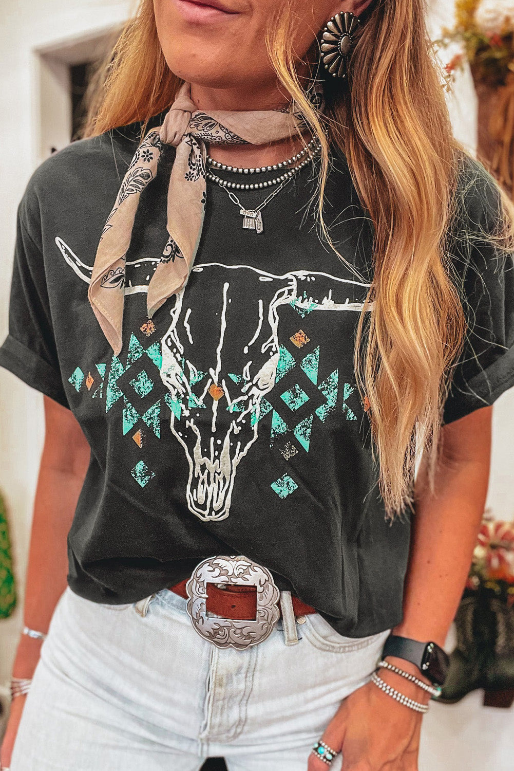 Western Aztec Bull Skull Tee