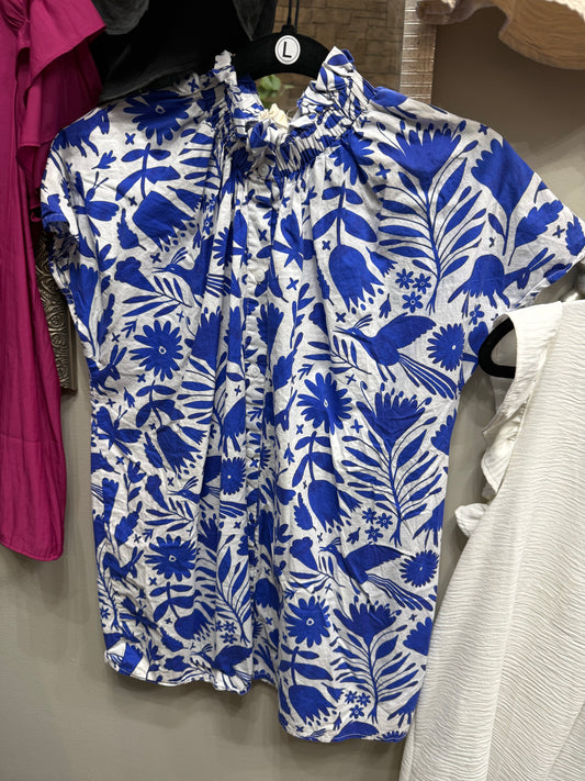 Blue and White Collared Top