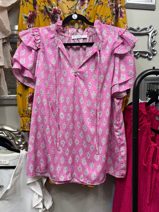 Pink and White Ruffle Sleeve Top